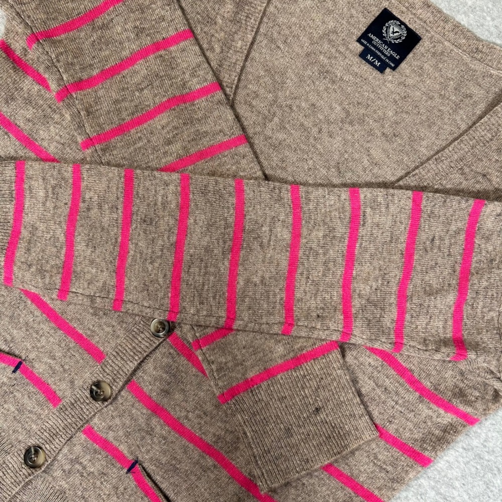 American Eagle Cardigan Y2K Womens M Tan‎ Pink Striped Preppy Wool Blend